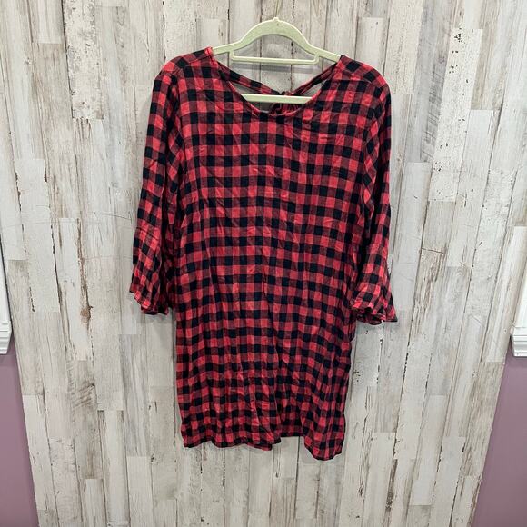 Anthropologie Cloth & Stone Red Buffalo Plaid Mini Dress Back Tie Womens PXS - Picture 1 of 7